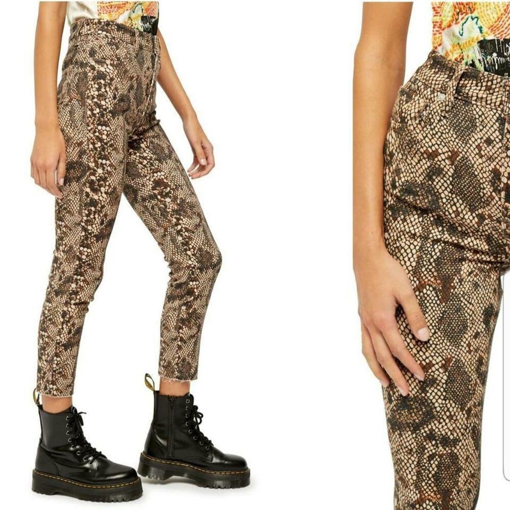 Free People Womens High Waist Jeggings Sz 24 Brown Snakeskin Stretch Raw Hem NWT - Picture 6 of 10